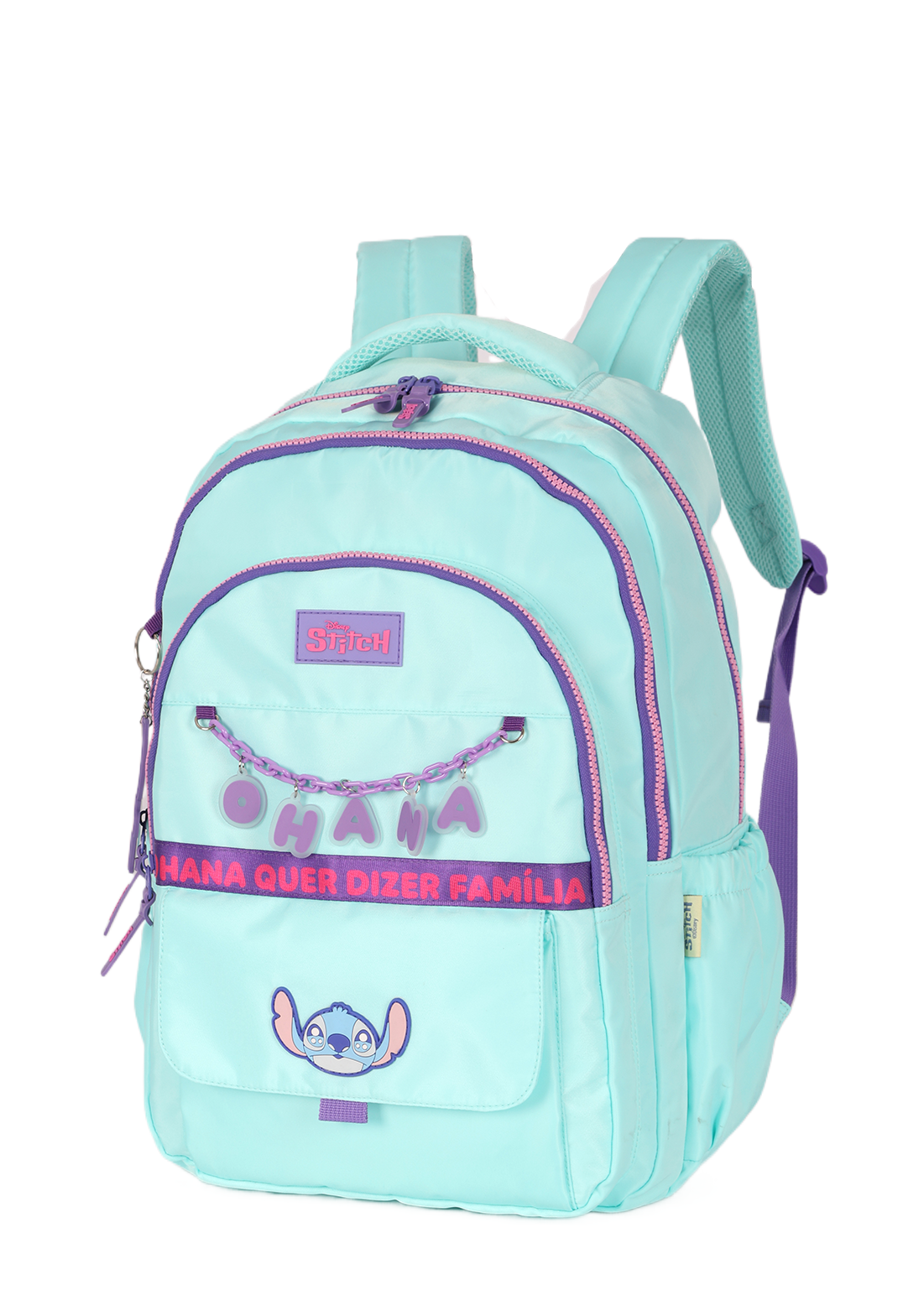 Mochila de Costas G Stitch Disney Luxcel | Turquesa Roxo | Ohana | Com Chaveiro Fofo