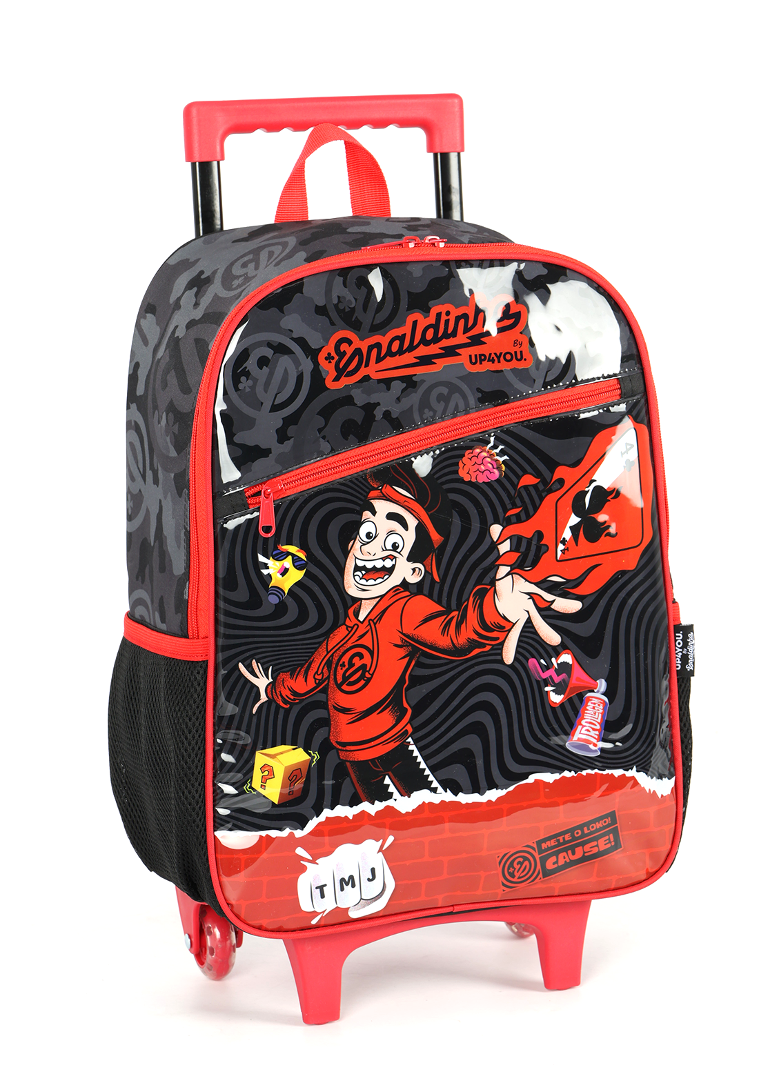 Mochila de Rodinhas Enaldinho UP4YOU | Youtuber | Rodas de Silicone | Preto e Vermelho G