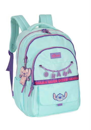 Mochila de Costas G Stitch Disney Luxcel | Turquesa Roxo | Ohana | Com Chaveiro Fofo
