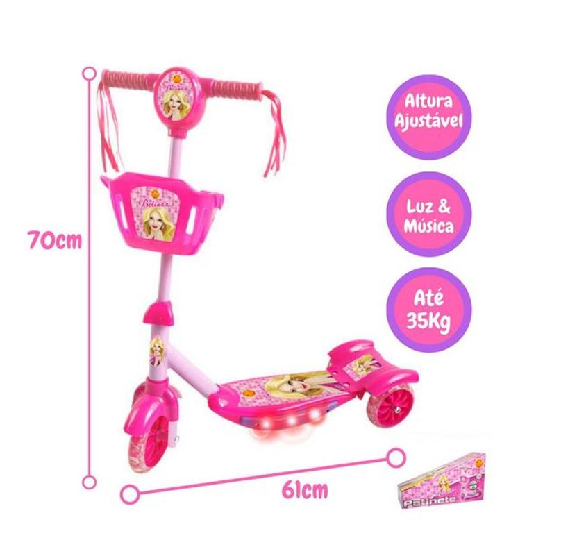 Patinete Infantil Cestinha Rosa Luzes Belinda - DM Toys