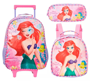 Kit Mochila Com Rodas Escolar 16 Princesa Disney Ariel Rosa