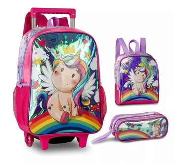 Kit Mochila Carrinho + Estojo + Lancheira Unicórnio Clio