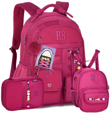 Kit Completo Mochila Lancheira Estojo Rebecca Bonbon RB Clio Style - Cadarço e Miçangas Rosa