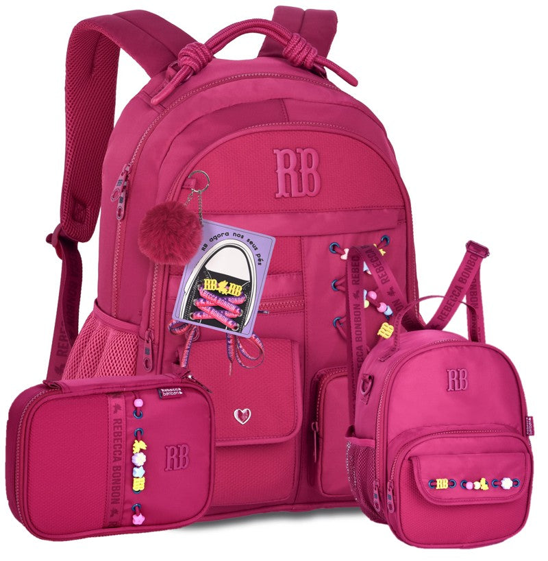 Kit Completo Mochila Lancheira Estojo Rebecca Bonbon RB Clio Style - Cadarço e Miçangas Rosa