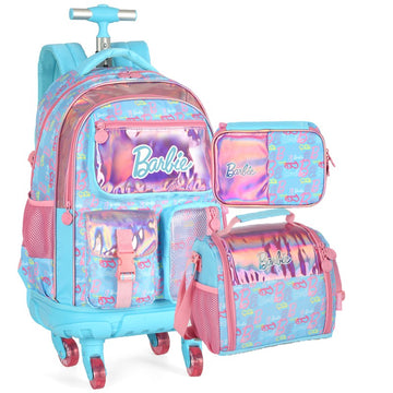 KIT Escolar COMPLETO Barbie AZUL Luxcel 3 Peças: Mochila de Rodinhas G + Lancheira Térmica + Estojo Box Holográfico