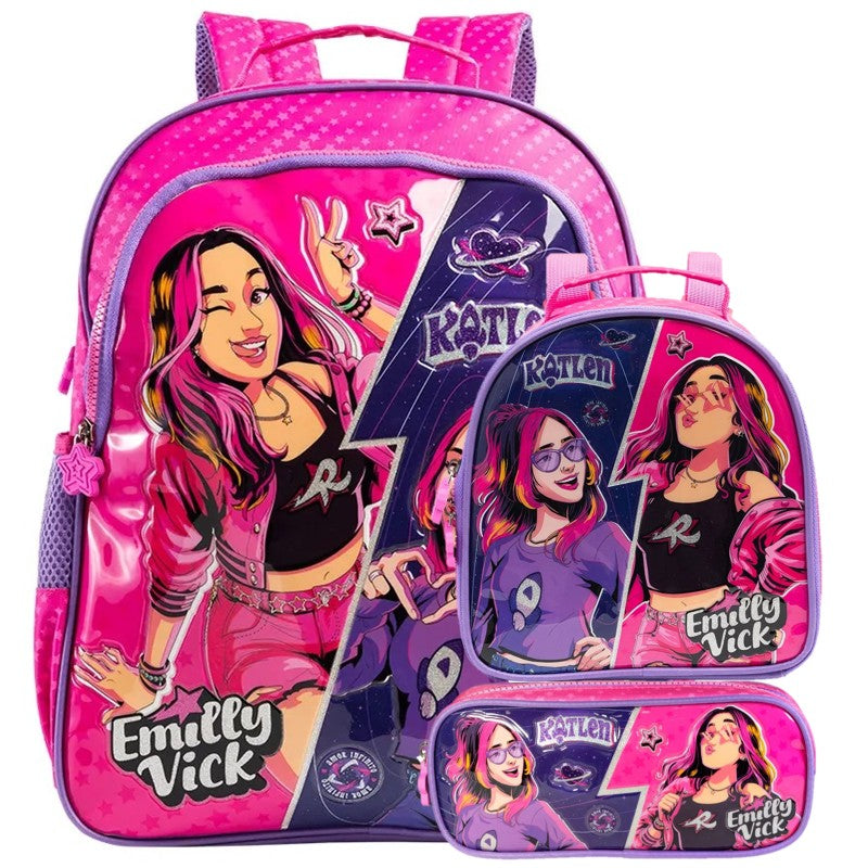 Kit Escolar Emilly Vick Xeryus 3 em 1: Mochila de Costas + Lancheira Térmica + Estojo Oficial