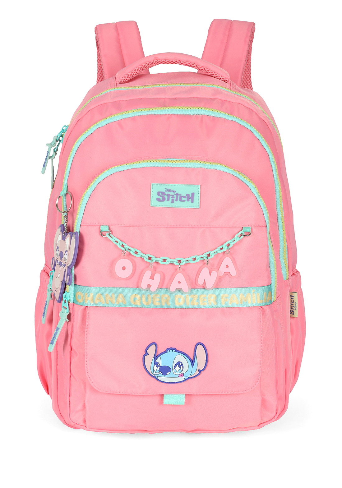 Kit Mochila de Costas G + Estojo Box Stitch Disney | Rosa Salmão Turquesa | 2 Peças Ohana | Chaveiro Angel