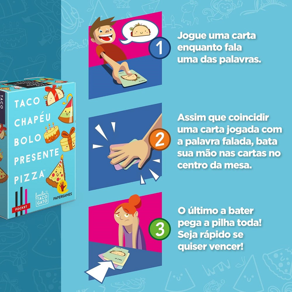 Jogo de Cartas Taco Chapéu Bolo Presente Pizza - PaperGames