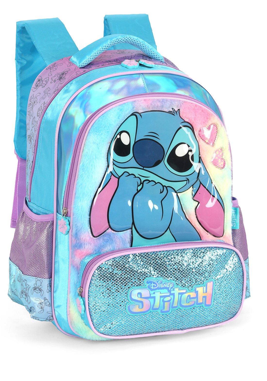 Mochila de Costas G Stitch Pelúcia & Paetê AZUL Luxcel - Fofura e Brilho Disney!