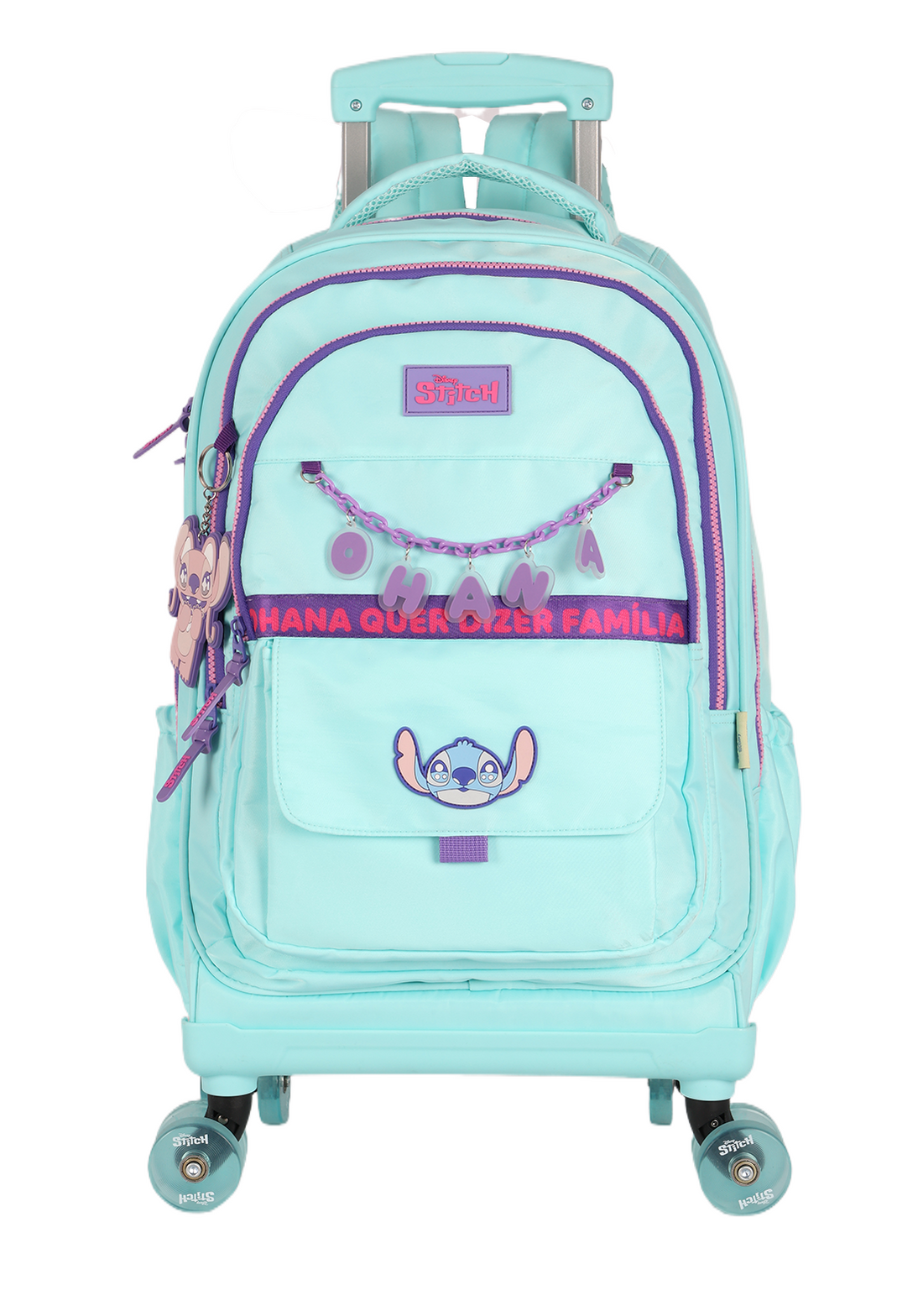 Kit Mochila de Rodinhas G + Lancheira + Estojo Box Stitch Disney | Turquesa Roxo | 3 Peças Ohana