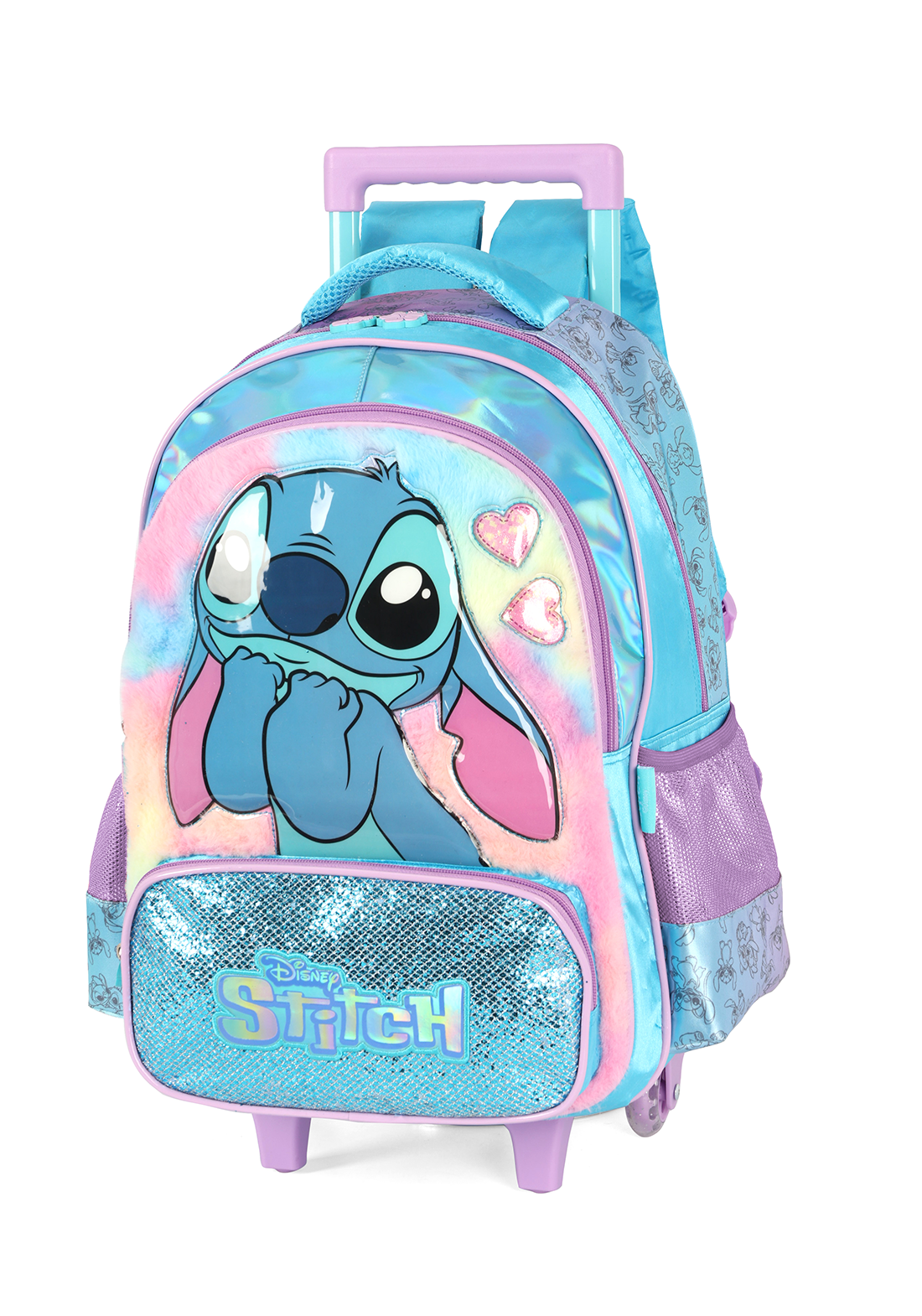 KIT Escolar COMPLETO Stitch Holográfico - Mochila de Rodinhas + Lancheira Térmica + Estojo Box Duplo Luxcel