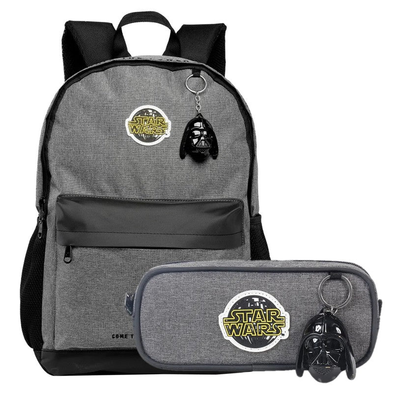 Kit Mochila de Costas G + Estojo Star Wars Xeryus | Cinza Mesclado + Chaveiro Darth Vader | Oficial