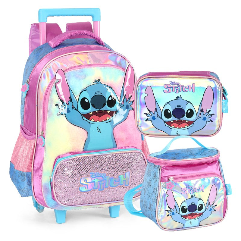 KIT Escolar COMPLETO Stitch PINK Holográfico - Mochila Rodas G + Lancheira Térmica + Estojo Box Duplo Luxcel