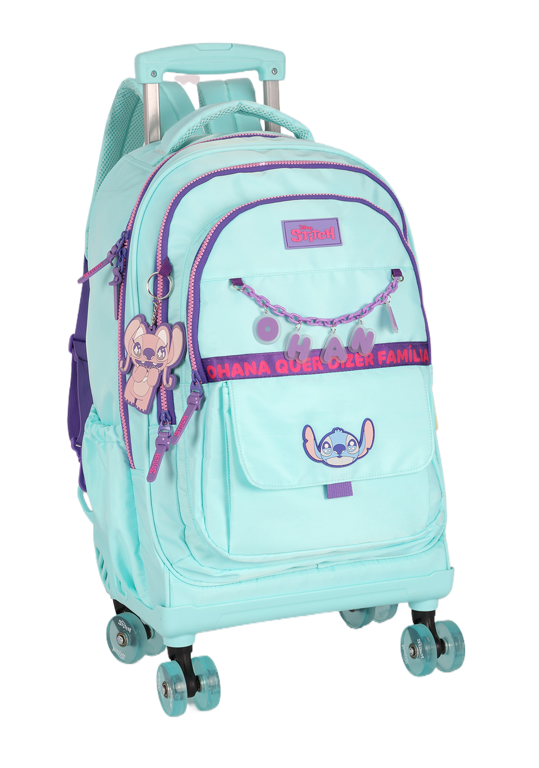 Mochila de Rodinhas G Stitch Disney Luxcel | Turquesa e Roxo | Ohana | Com Chaveiro Fofo