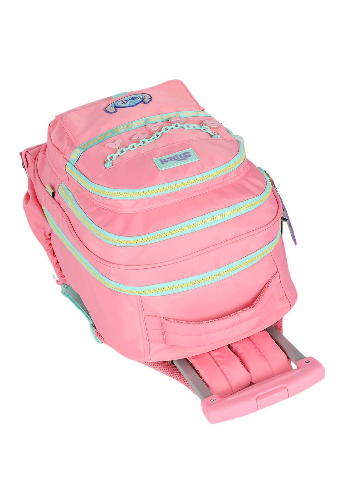 Mochila de Rodinhas G Stitch Disney Luxcel | Rosa Salmão e Turquesa | Ohana | Chaveiro Angel