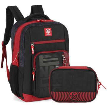 Kit Mochila de Costas G + Estojo Box Enaldinho Oficial | Preto e Vermelho | Logo Estilizado | 2 Peças