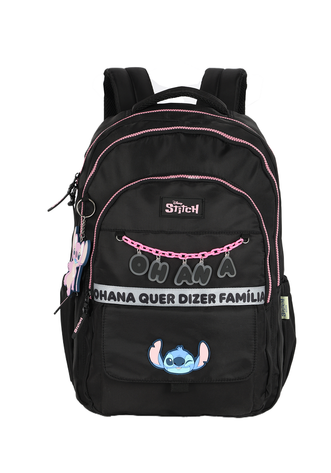 Kit Mochila de Costas G + Estojo Box Stitch Disney | Preto Pink | 2 Peças Ohana | Chaveiro Angel