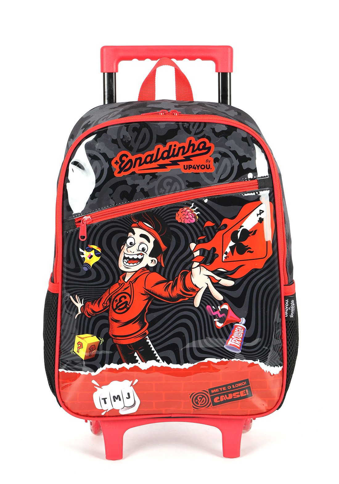 Mochila de Rodinhas Enaldinho UP4YOU | Youtuber | Rodas de Silicone | Preto e Vermelho G
