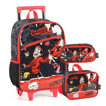 KIT Escolar COMPLETO Enaldinho Rodinhas G UP4YOU 3 Peças | Preto, Vermelho Neon | Lancheira e Estojo