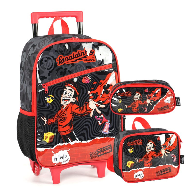 KIT Escolar COMPLETO Enaldinho Rodinhas G UP4YOU 3 Peças | Preto, Vermelho Neon | Lancheira e Estojo