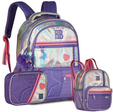 Kit Completo Rebecca Bonbon Holográfico - Mochila RB27017 + Lancheira + Estojo Box - Lilás