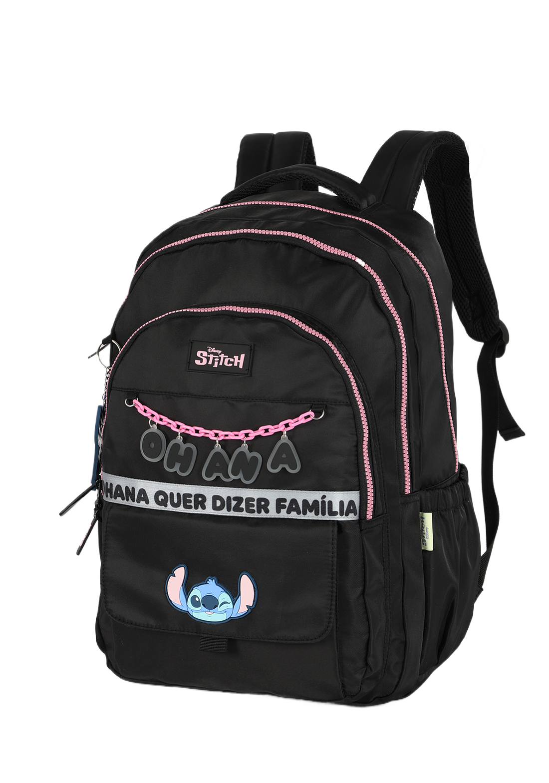 Mochila de Costas G Stitch Disney Luxcel | Preto Pink | Ohana | Chaveiro Angel