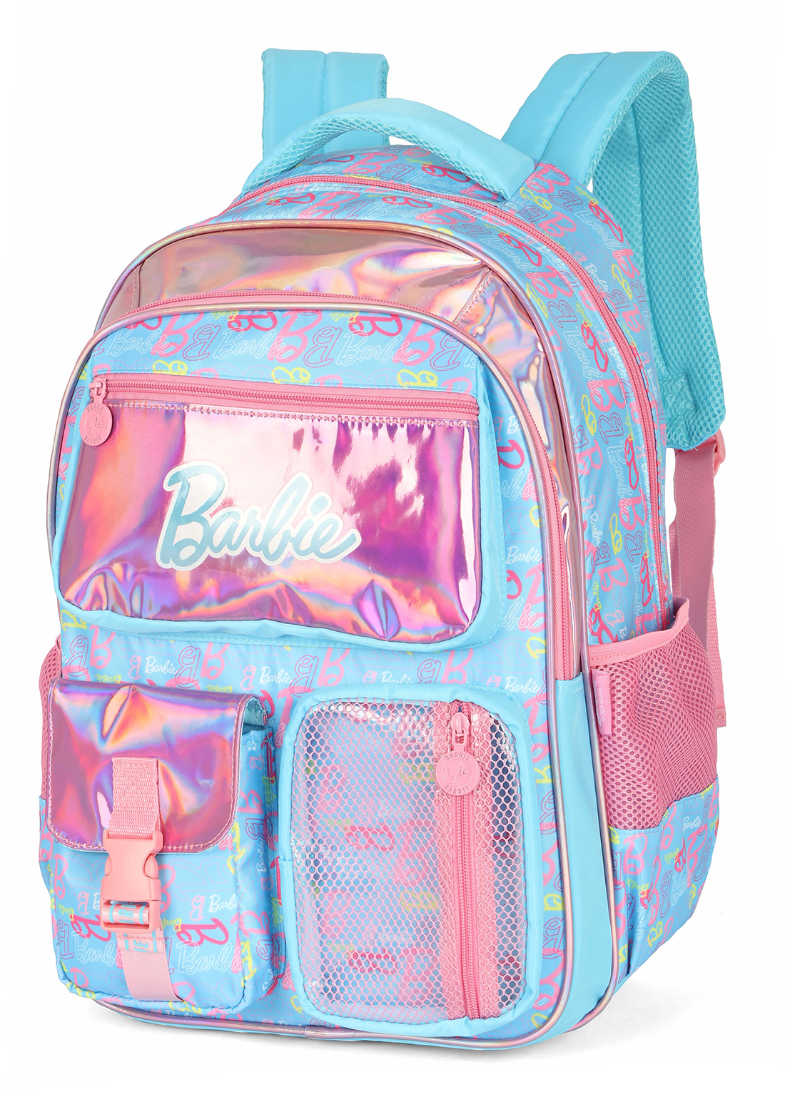 Kit Mochila de Costas G Barbie AZUL Holográfica + Estojo Box Organizador Luxcel (2 Peças)