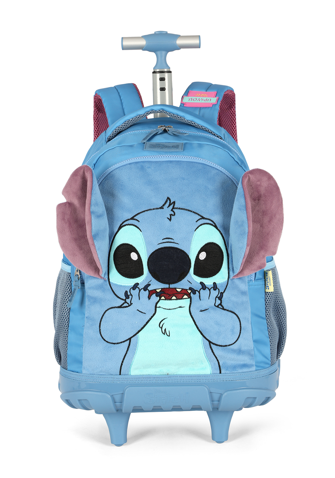 Mochila de Rodinhas G Stitch Disney Luxcel | Azul Pelúcia 3D | Com Orelhas | Aveludada