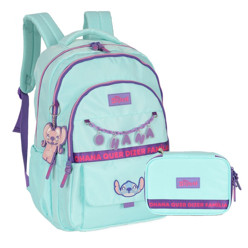 Kit Mochila de Costas G + Estojo Box Stitch Disney | Turquesa Roxo | 2 Peças Ohana | Fofura e Organização