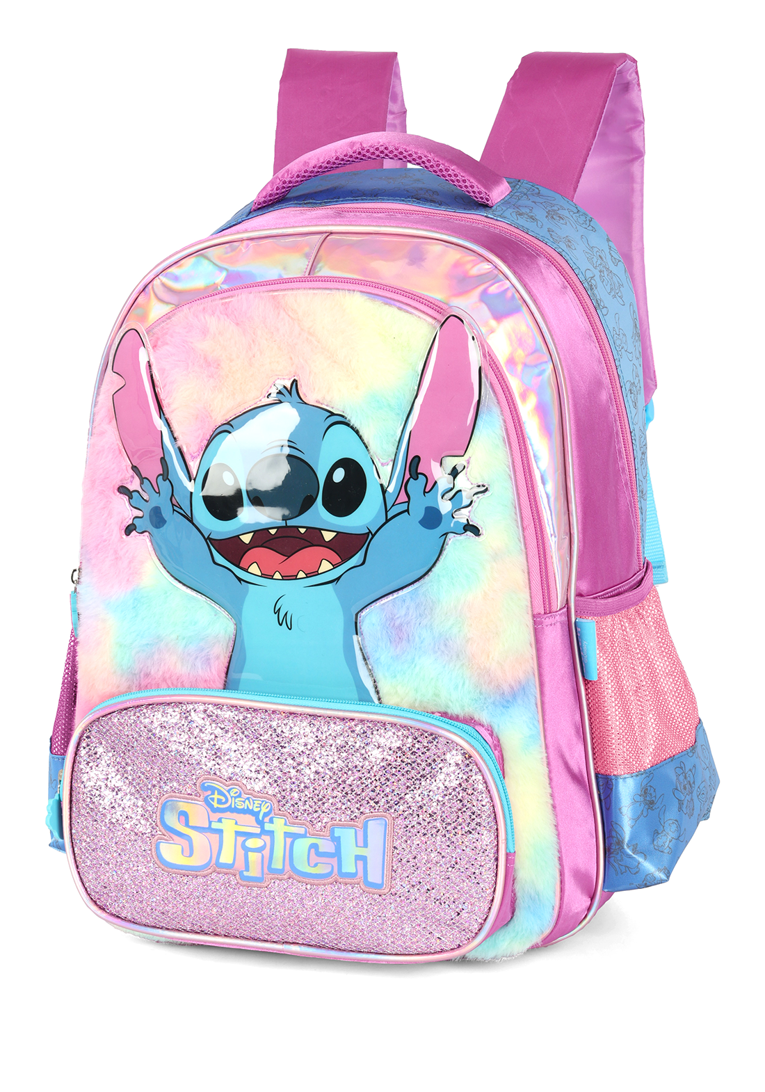 Kit Mochila de Costas G Stitch PINK Pelúcia + Lancheira Térmica Glitter Luxcel Disney (2 Peças)