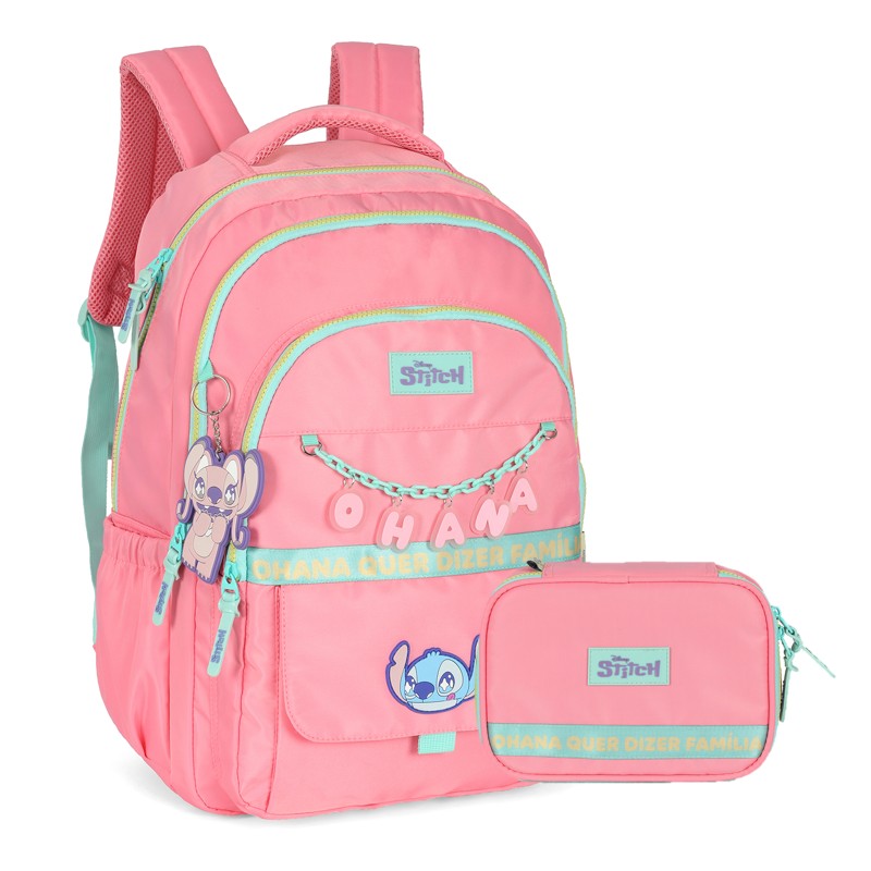 Kit Mochila de Costas G + Estojo Box Stitch Disney | Rosa Salmão Turquesa | 2 Peças Ohana | Chaveiro Angel