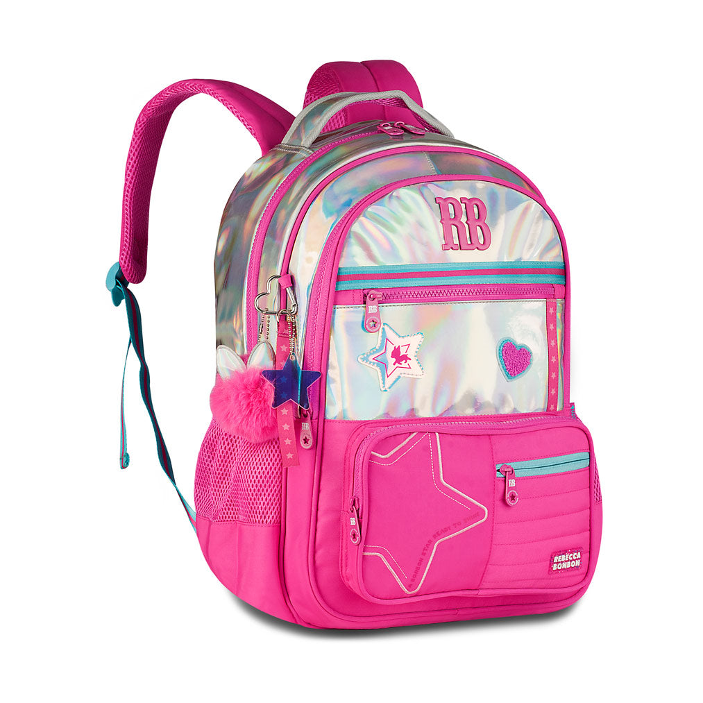 Mochila Rebecca Bonbon Holográfica RB27017 Juvenil Compartimento Notebook - Cor Sortida
