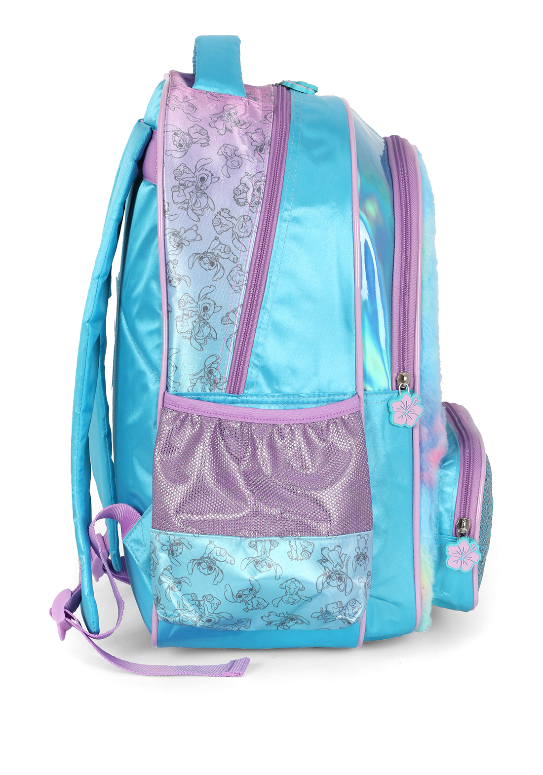 Kit Mochila de Costas G Stitch AZUL Pelúcia & Glitter + Estojo Box Duplo Holográfico Luxcel (2 Peças)