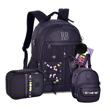 Kit Completo Mochila Lancheira Estojo Rebecca Bonbon RB Clio Style - Miçangas e Cadarço Preto
