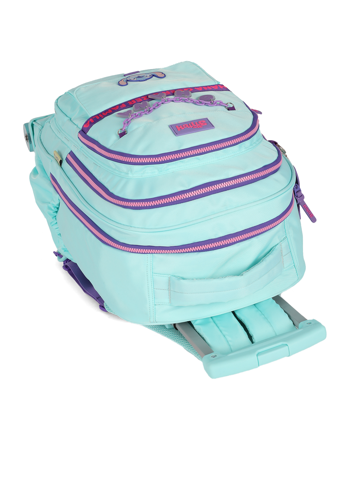 Mochila de Rodinhas G Stitch Disney Luxcel | Turquesa e Roxo | Ohana | Com Chaveiro Fofo