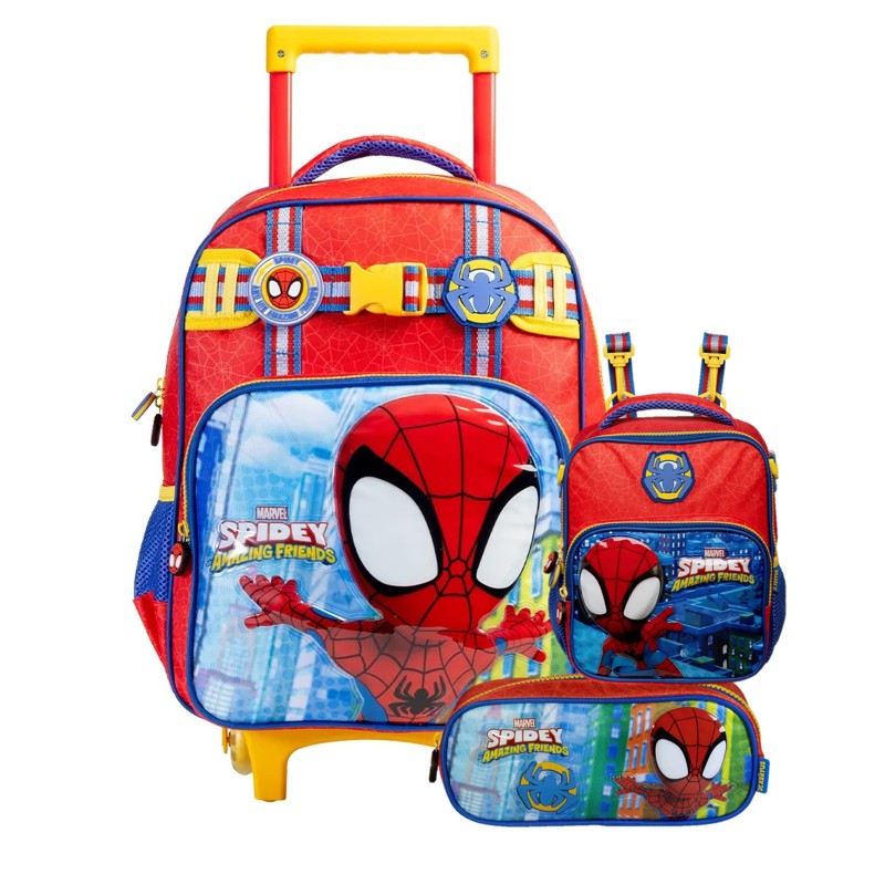 Kit Escolar Spidey Amazing Friends 3 em 1: Mochila Rodinhas + Lancheira + Estojo Xeryus Marvel