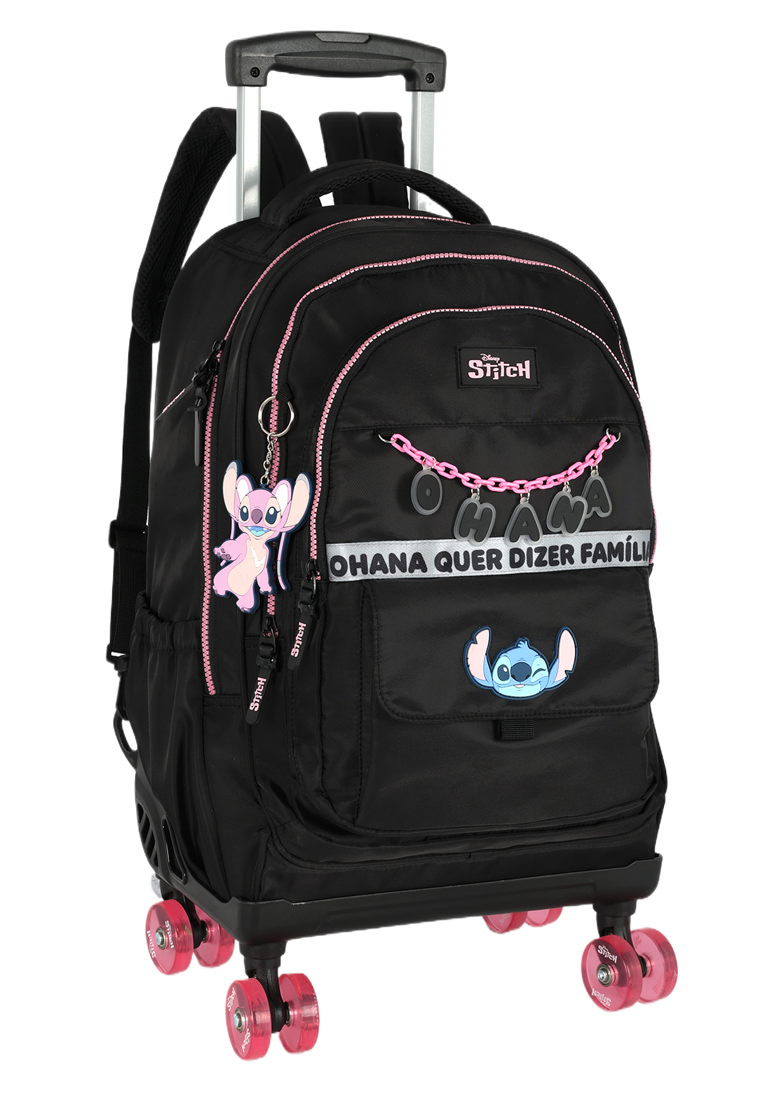 Mochila de Rodinhas G Stitch Disney Luxcel | Preta e Pink | Ohana | Rodas em Gel