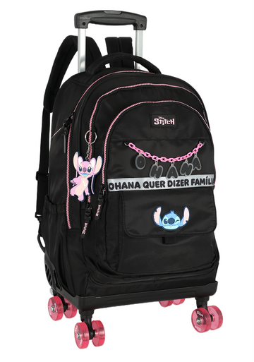 Mochila de Rodinhas G Stitch Disney Luxcel | Preta e Pink | Ohana | Rodas em Gel