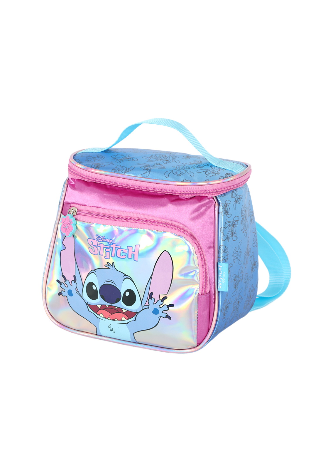 KIT Escolar COMPLETO Stitch PINK Holográfico - Mochila Rodas G + Lancheira Térmica + Estojo Box Duplo Luxcel