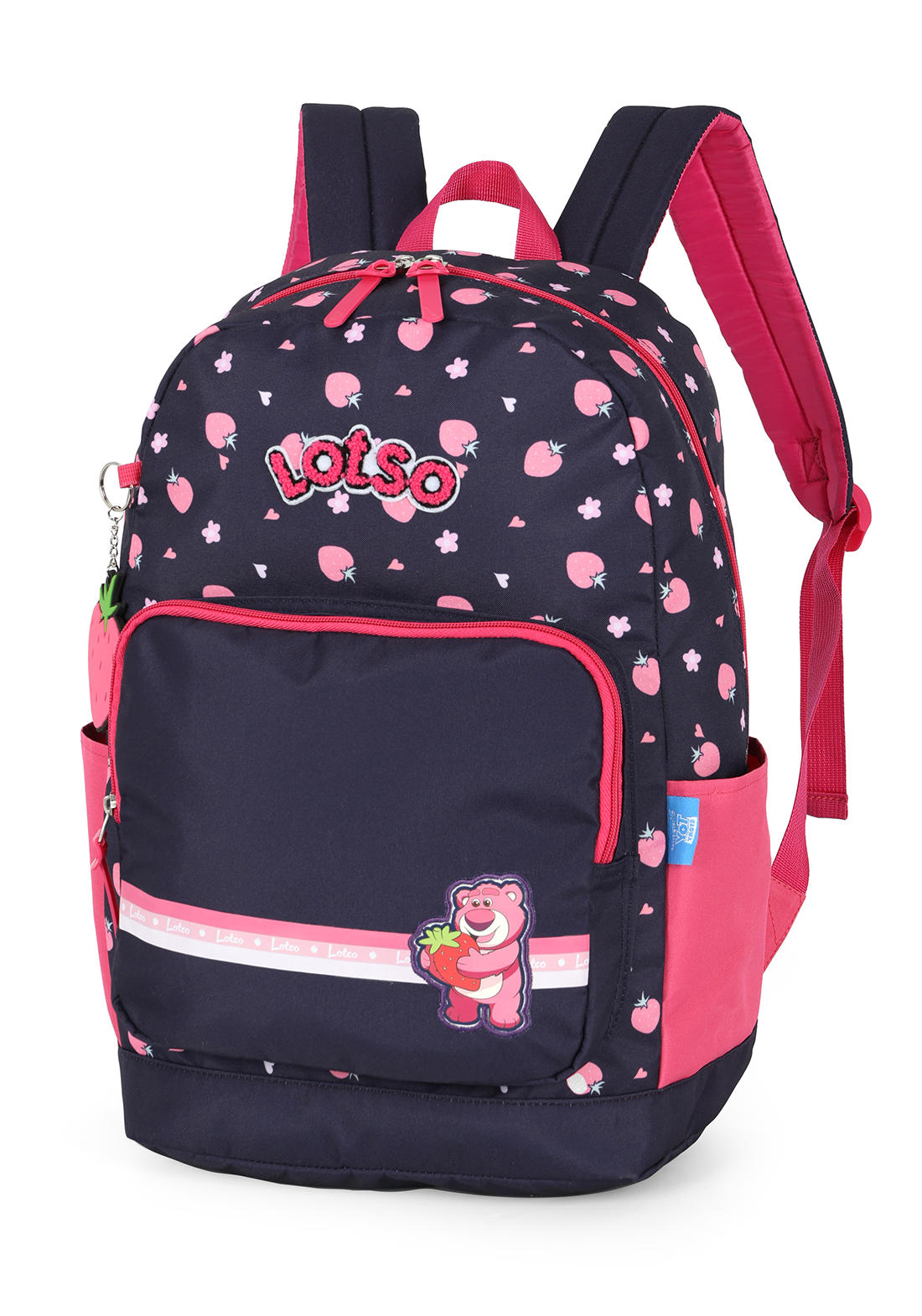 Mochila de Costas G Lotso Disney Luxcel | Toy Story | Azul Escuro e Pink | Chaveiro Morango