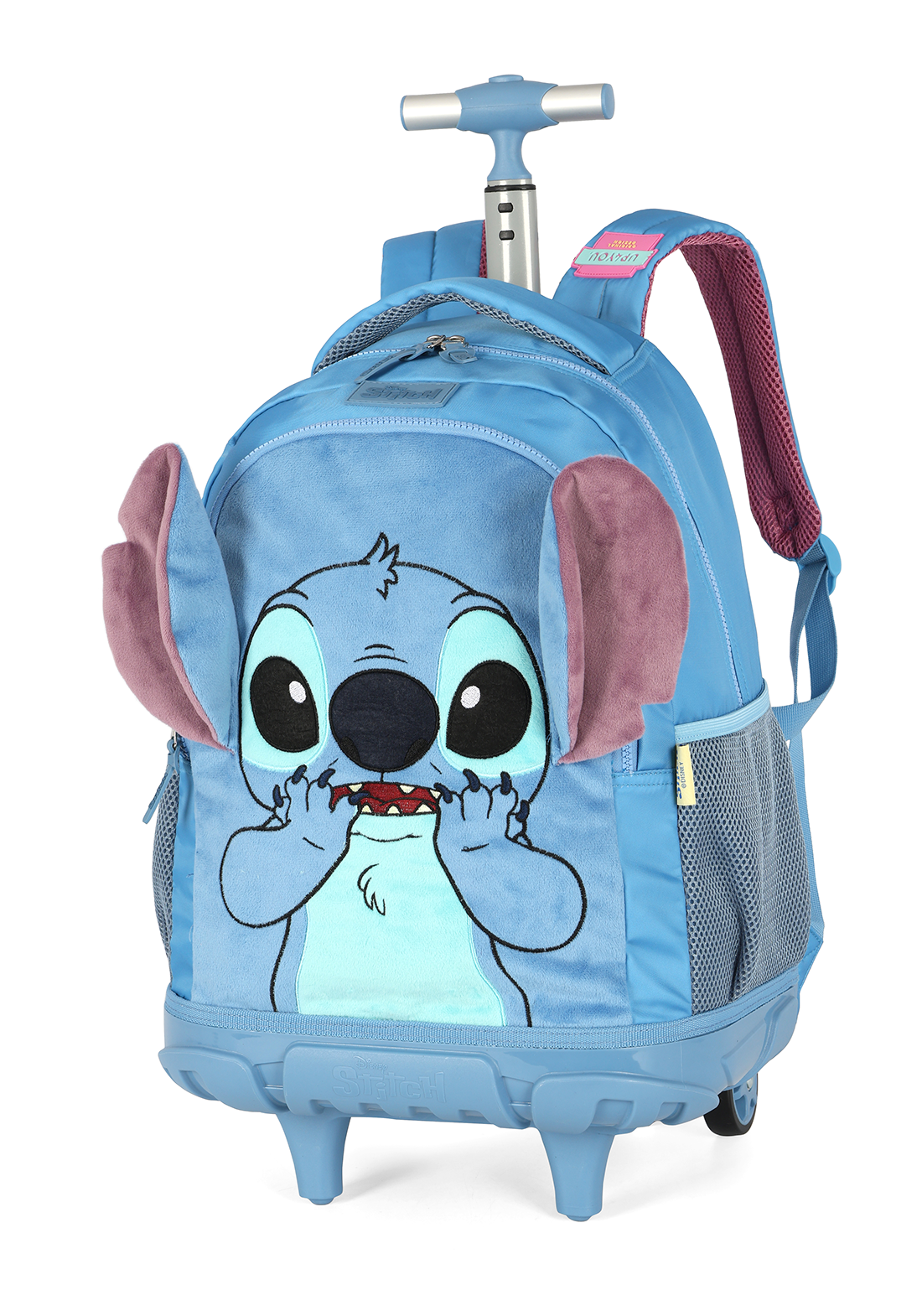 Mochila de Rodinhas G Stitch Disney Luxcel | Azul Pelúcia 3D | Com Orelhas | Aveludada