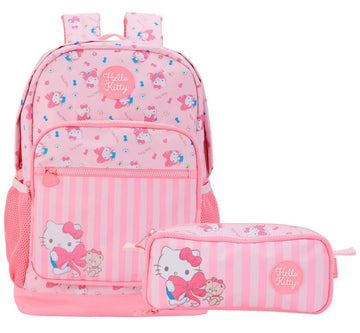 Kit Mochila de Costas G + Estojo Duplo Hello Kitty Xeryus Oficial | Estampa Listrada Pink