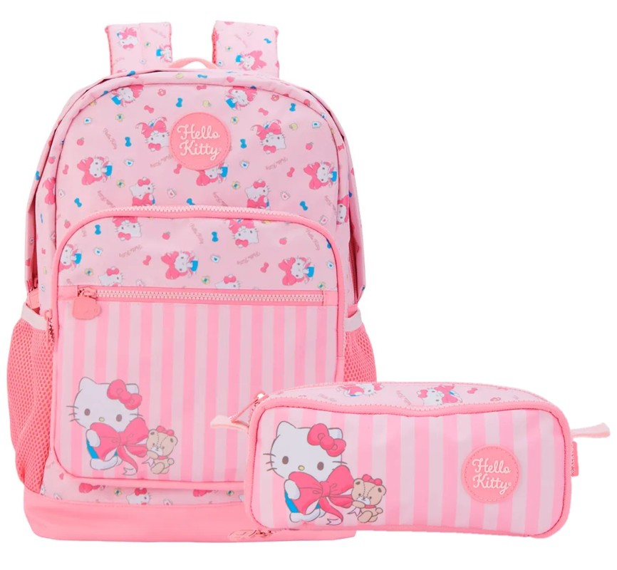 Kit Mochila de Costas G + Estojo Duplo Hello Kitty Xeryus Oficial | Estampa Listrada Pink