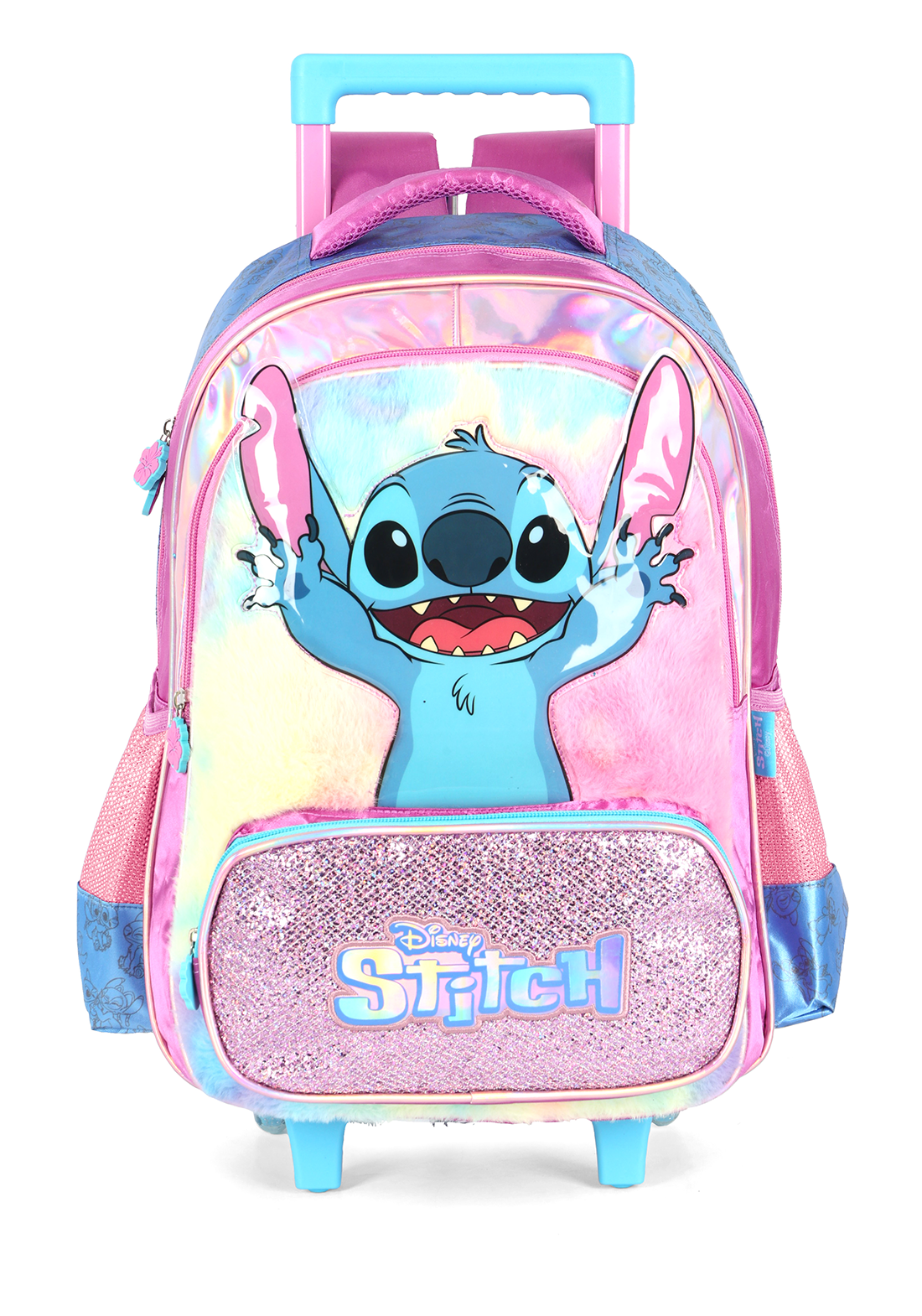 KIT Escolar COMPLETO Stitch PINK Holográfico - Mochila Rodas G + Lancheira Térmica + Estojo Box Duplo Luxcel