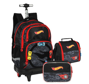 Kit Mochila de Rodinha Lancheira Estojo Hot Wheels Preta Luxcel