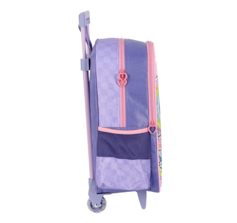 Mochila de Rodinhas Infantil Stitch Roxo Rosa e Verde