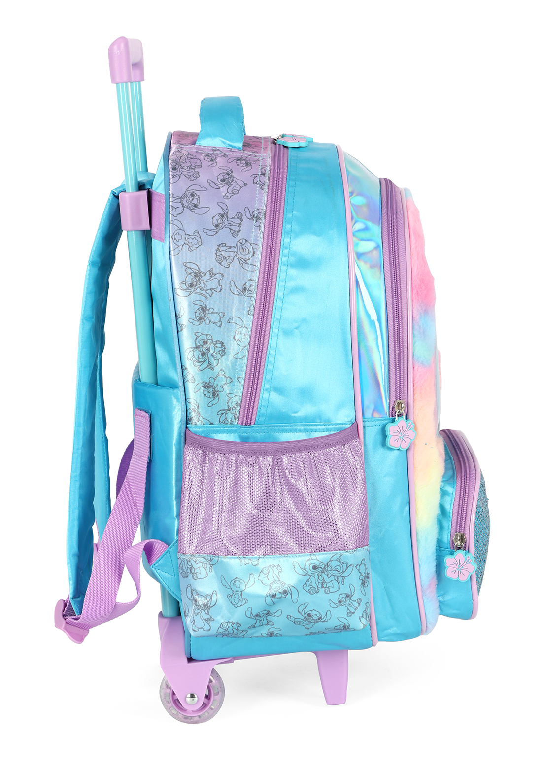 KIT Escolar COMPLETO Stitch Holográfico - Mochila de Rodinhas + Lancheira Térmica + Estojo Box Duplo Luxcel