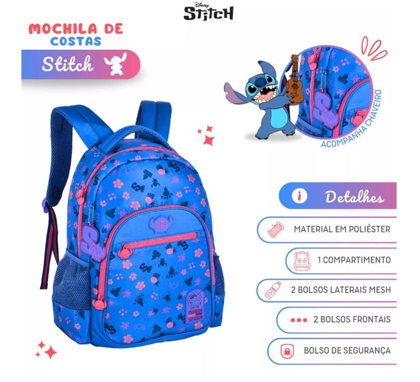 Mochila Escolar Costas Juvenil Tsum Tsum Disney Stitch TS24627