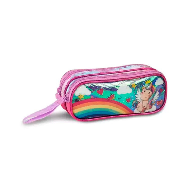 Kit Mochila Carrinho + Estojo + Lancheira Unicórnio Clio