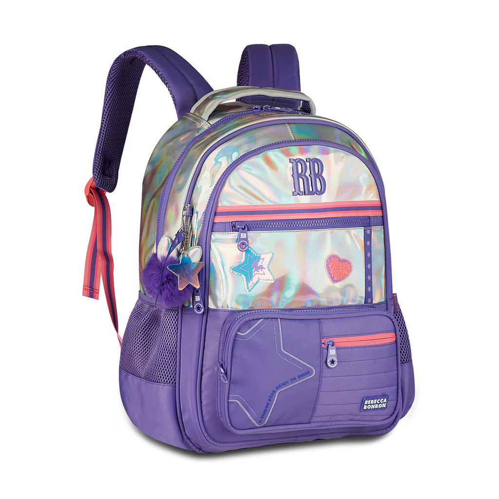 Mochila Rebecca Bonbon Holográfica RB27017 Juvenil Compartimento Notebook - Cor Sortida